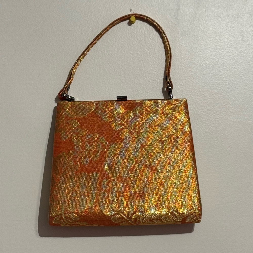 Vtg Orange and Gold Silk Textured Japanese Kimono Handbag with SilverTone Clasp
